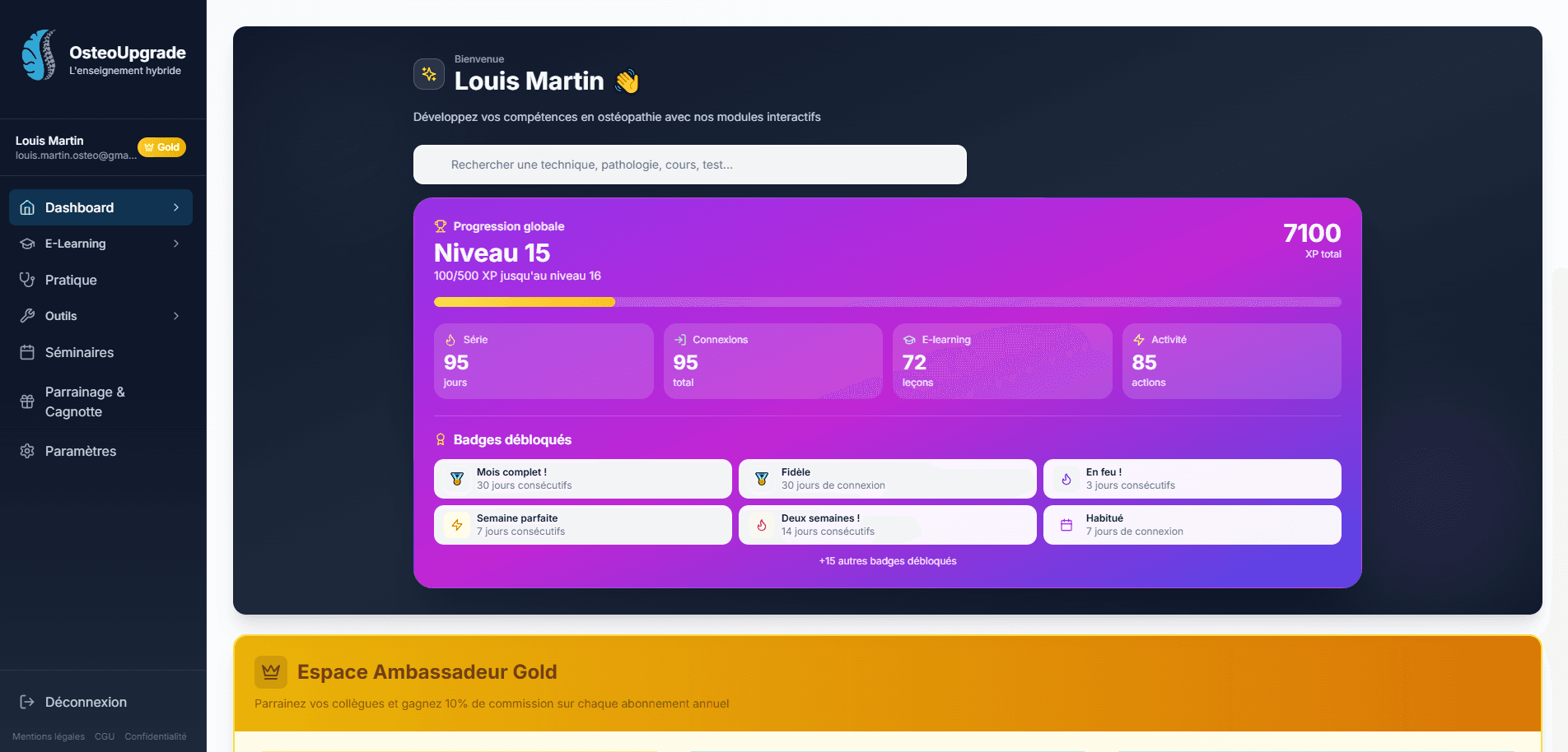 Interface OsteoUpgrade - Tests orthopediques, diagnostics et e-learning